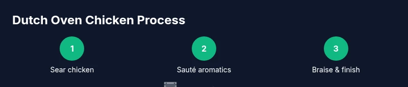 Process infographic showing sear, sauté, braise steps for Dutch oven chicken