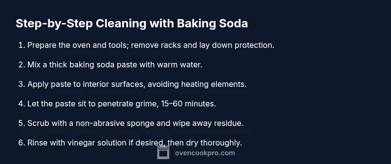 Infographic showing a 6-step oven cleaning process using baking soda and vinegar